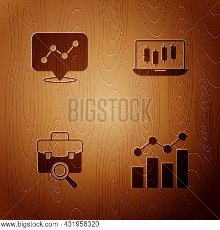 Set Financial Growth, Graph Chart Infographic, Work Search And Stocks Market Graphs On Wooden Backgr