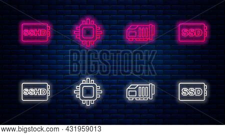 Set Line Processor With Cpu, Video Graphic Card, Sshd And Ssd. Glowing Neon Icon On Brick Wall. Vect