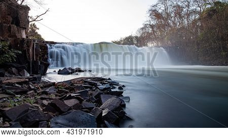 Long Exposure Of The Fall Of The River Apore Waterfall In Cassilandia At Night
