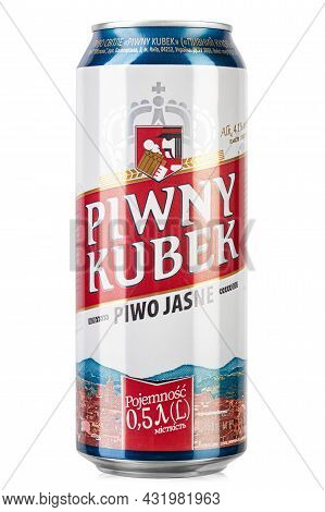 Ukraine, Kyiv - July 28. 2021: Large Aluminium Can Of Beer Brands Piwny Kubek On White Background. F