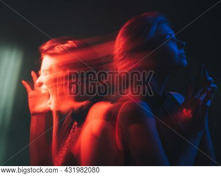 Bipolar Disorder. People Emotion. Mental Stress. Manic Syndrome. Woman Screaming To Calm Face Expres