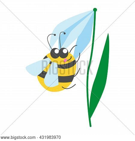 Smiling Yellow Bumblebee Sitting On Bell Flower. Simple Flat Cartoon Style. Cute And Funny. Summer O
