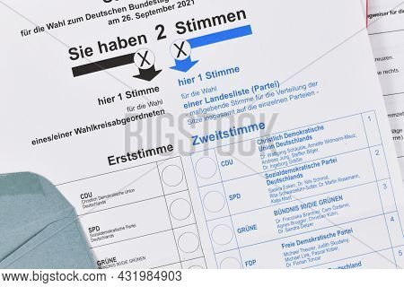Dossenheim, Germany - August 2021: Ballot Paper For German Federal Parliament Election Called 'bunde