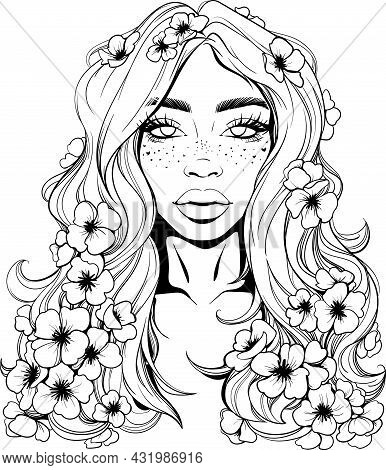 Beauty Woman With Flowers In Her Hair. Stylish Fashion Linear Illustration.