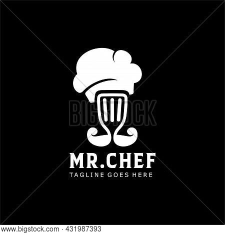 Chef Logo Spatula And Mustache Symbol Mister Chef Illustration Logo. Mr Chef And Food Restaurant Log