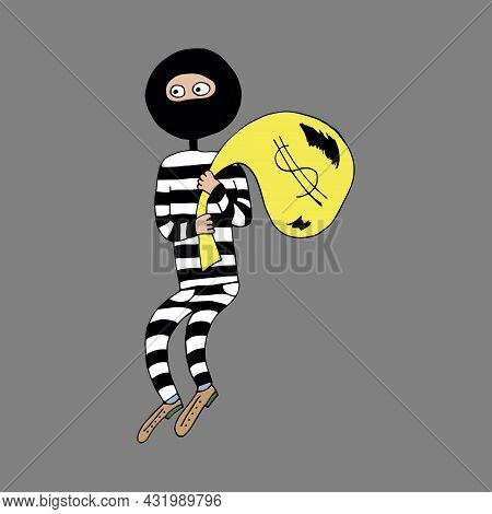 The Thief Is A Swindler In Striped Clothes. A Thief Robbed A Bank. The Scammer Is Holding A Bag Of M