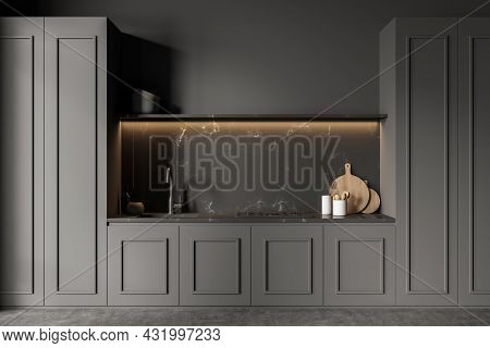 Dark Grey Kitchen Interior With Marble Splashback, Illumination Under Trendy Open Shelf, Cabinets Wi