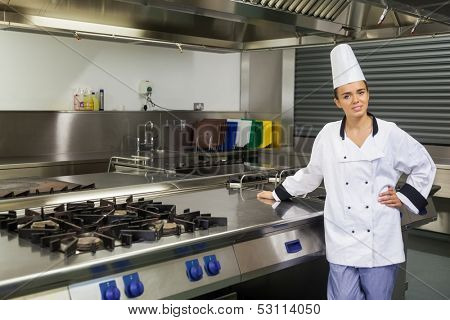 Young content chef standing next to hotplate in professional kitchen