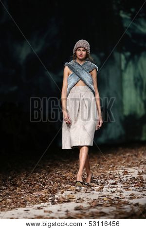 ZAGREB, CROATIA - OCTOBER 26: Fashion model wearing clothes designed by Sonja Lamut on the Cro a Porter show on October 26, 2013 in Zagreb, Croatia.