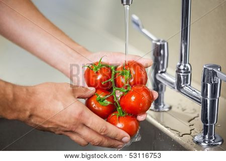 Kitchen porter washing tomatoes under running tap in professional kitchen