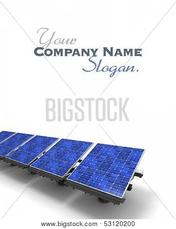 Row of blue solar panels against a white background