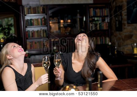 Two Elegant Women Drinking And Partying