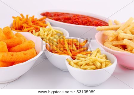 Potato, Corn And Wheat Chips In Bowls