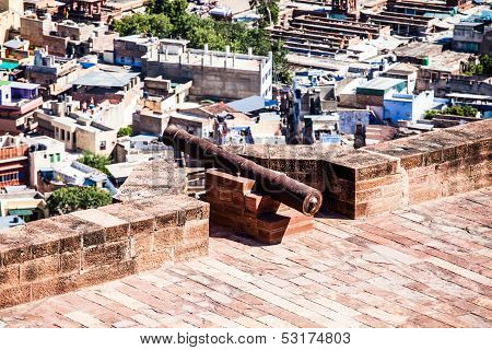 Aerial View Of Jodhpur - The Blue City - With Umaid Bhawan Palace On Sunset. View From Mehrangarh Fo