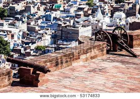 Aerial View Of Jodhpur - The Blue City - With Umaid Bhawan Palace On Sunset. View From Mehrangarh Fo