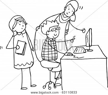 Teacher and student working on computer