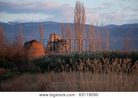 sunset glow on ancient walls