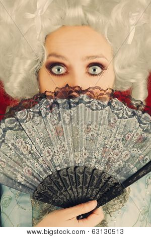 Surprised  Baroque Woman Portrait with Wig and Fan