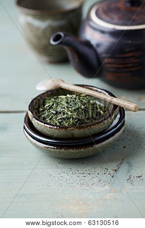 Sencha Green Tea on a Ceramic Plate