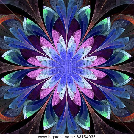 Symmetrical Pattern In Stained-glass Window Style. Darkblue, Blue And Pink Palette. Computer Generat