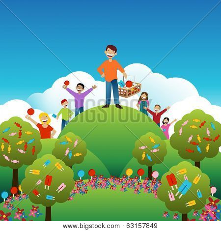 An image of kid sharing ice cream and candy.