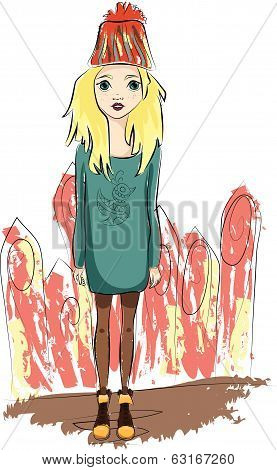 Girl in Hipster Style Clothes Illustration