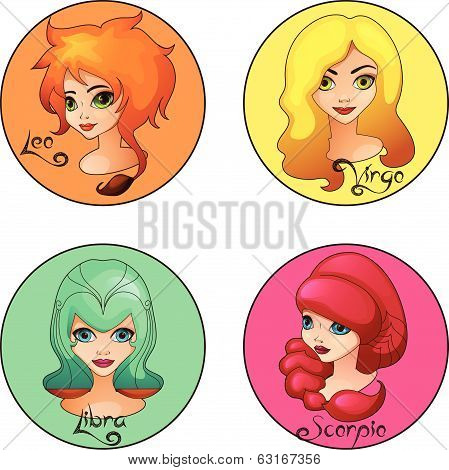 Cartoon Set of Zodiac Signs Leo, Virgo, Libra and Scorpio Cute Girls