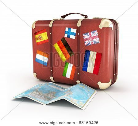 Old Suitcase With World Map And Striples Flags On White Background