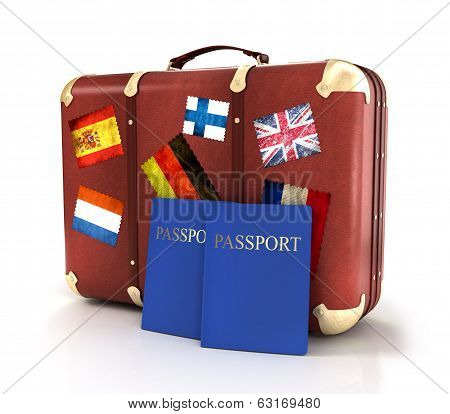 Old Suitcase With Passports And Striples Flags On White Background