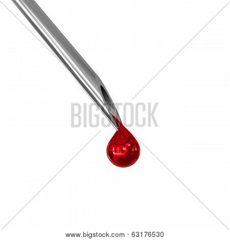 Drop of blood on needle focus shot on white background, 3d