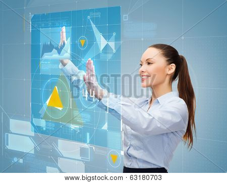 business and future technology concept - smiling businesswoman vortking with virtual screen