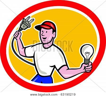 Electrician Holding Electric Plug And Bulb Cartoon