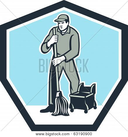 Cleaner Janitor Mopping Floor Retro Shield