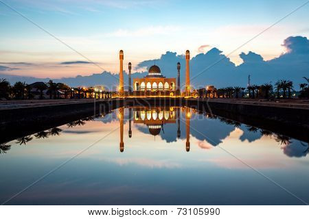 Central mosque with reflection at dusk, Songkhla, Thailand