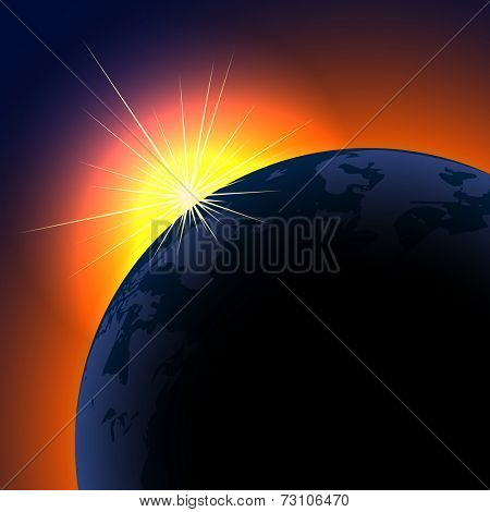 Sun rising over planet background with copy space. 
