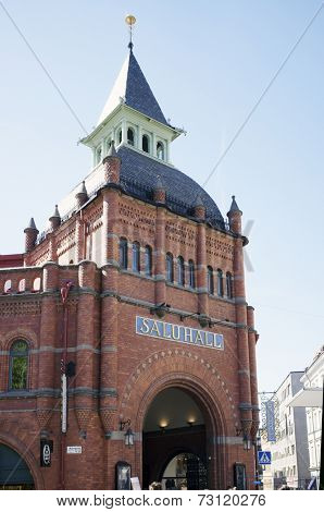 STOCKHOLM, SWEDEN - MAY 16, 2014: Stermalms Saluhall, a market hall a beautiful 1880s red brick building.