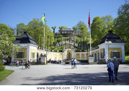 STOCKHOLM, SWEDEN - MAY 17, 2014: Entrance to Skansen. Skansen is the first open-air museum and zoo in Sweden and is located on the island Djurgrden