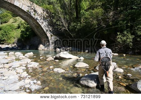Flyfisherman fishing in mountain river