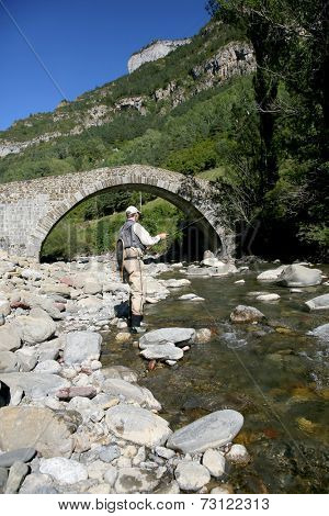 Flyfisherman fishing in mountain river
