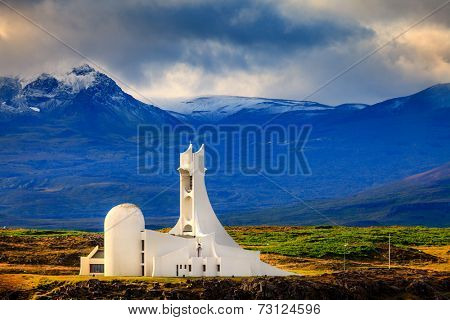 Modern church in the town of Stykkisholmur in Iceland
