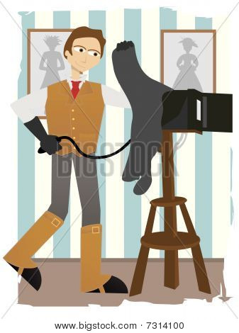 Photographer taking picture on old fashion box camera in studio