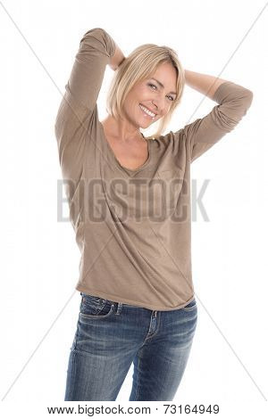 Portrait of a satisfied isolated mature pretty blond woman over white.