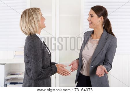 Two successful happy businesswoman talking together.