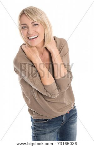 Celebrating and cheering isolated mature blond woman with first wrinkles.