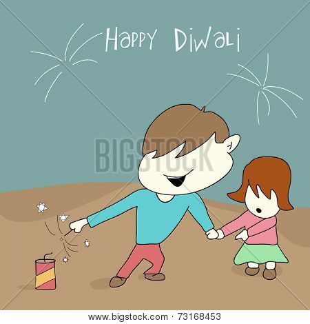 Little cute kids playing with crackers on diwali celebration with beautiful text on blue and brown background.