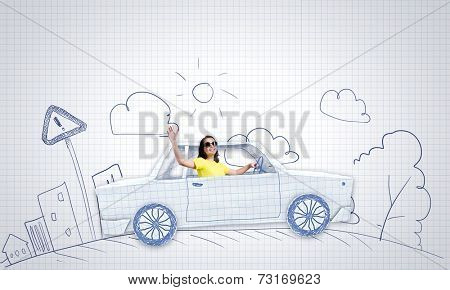 Young woman riding car made of list of paper