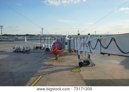 PARIS - SEPTEMBER 03: jet flight docked in Orly Airport on September 03, 2014 in Paris, France. Paris Orly Airport is an international airport located partially in Orly, south of Paris