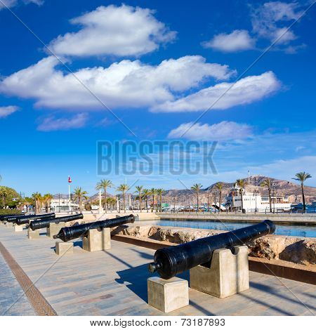 Cartagena cannon in naval museum with port at Murcia Spain