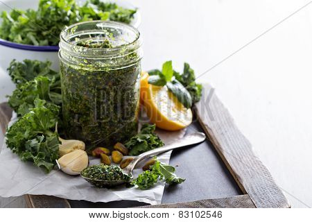 Kale pesto with pistachios, garlic and olive oil