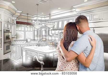 Young Military Couple Looking Inside Custom Kitchen and Design Drawing Combination.